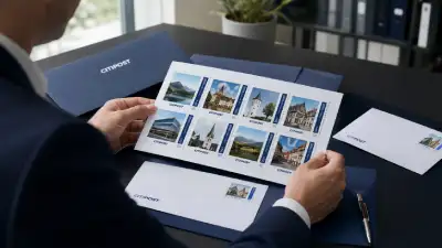 Geschäftskunde betrachtet einen Bogen mit individuellen CITIPOST-Briefmarken mit regionalen Motiven.