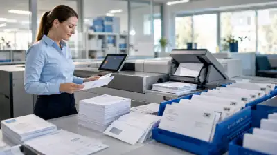 Mitarbeiterin prüft gedruckte Briefe und kuvertierte Sendungen in einem modernen Post- und Versandbüro.