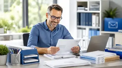 Geschäftsmann im Büro bearbeitet Briefpost am Schreibtisch mit Laptop und mehreren Briefsendungen.