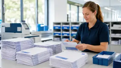 Mitarbeiterin bearbeitet große Mengen an Briefsendungen in einem hellen Büro für Serienpost und Infobriefe.