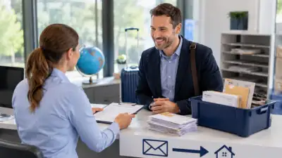 Geschäftskunde bespricht mit einer Mitarbeiterin die Nachsendung oder Lagerung seiner Post bei Adressänderung oder Abwesenheit.