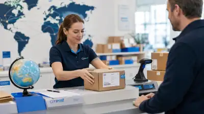 Mitarbeiterin am Postschalter nimmt ein Paket von einem Geschäftskunden an, um den weltweiten Versand vorzubereiten.